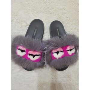 RARE! Wonderfur ABBY Fur Slippers Women's 7.5 Pink Gray Black Insta EUC!